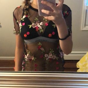 Embroidered Sheer Black Top